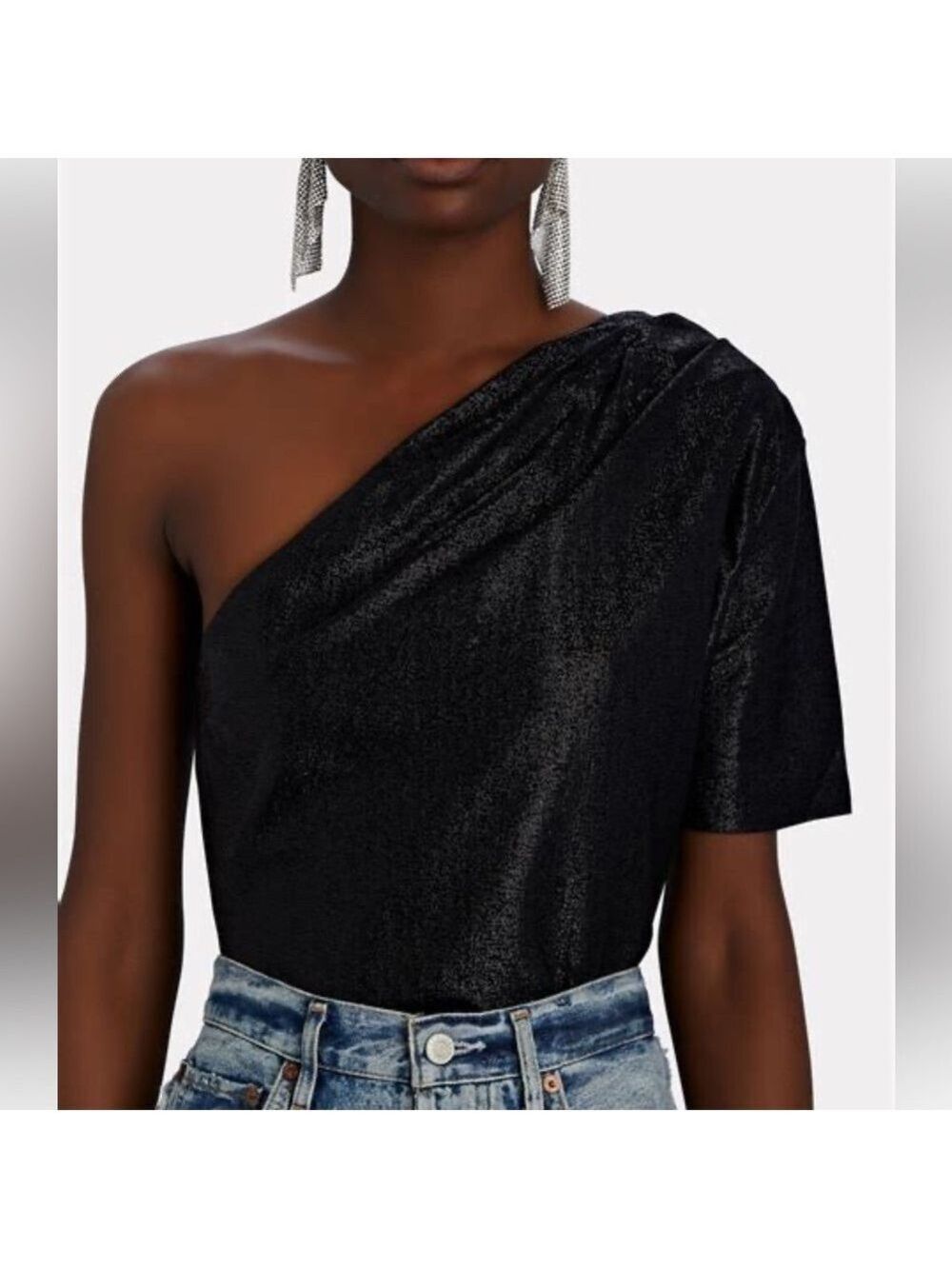 Gauge81 Tartu Lurex Black One Shoulder Draped Sparkle Top